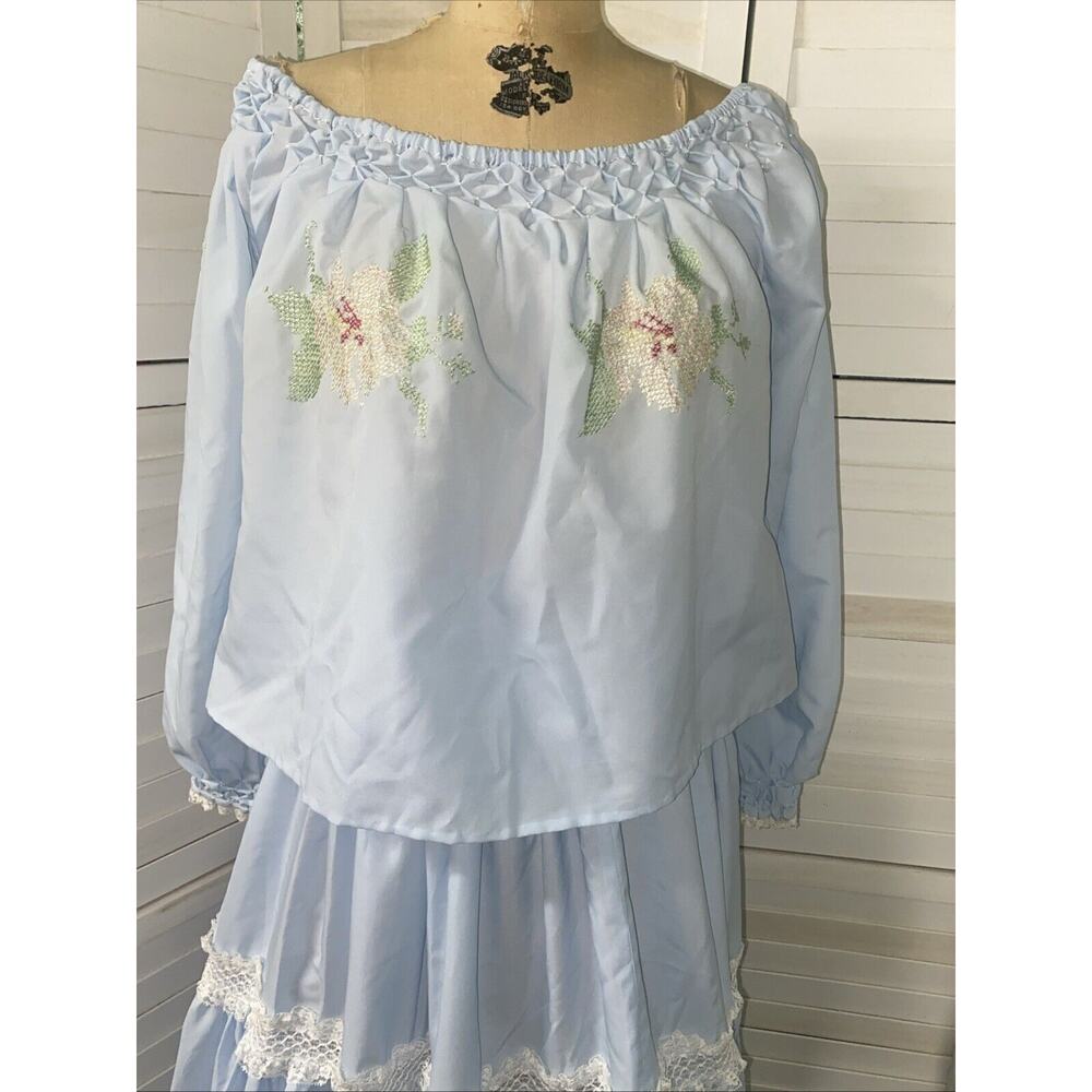 Handmade VTG 60s 70s Blue Cottagecore Country Set Maxi Skirt Blouse Sz Medium - Picture 2 of 11